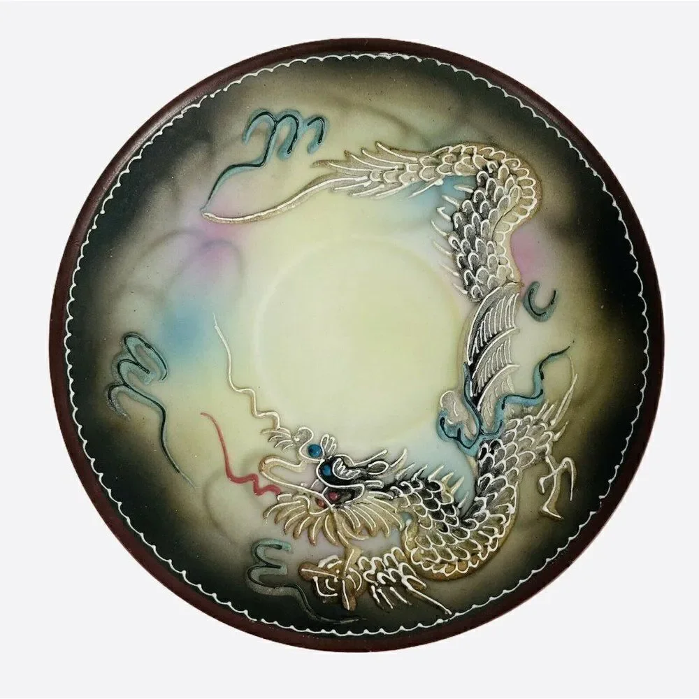 Vintage Dragonware Moriage Teacup and 2 Saucers Hand Painted Japan Blue Eyes 3D